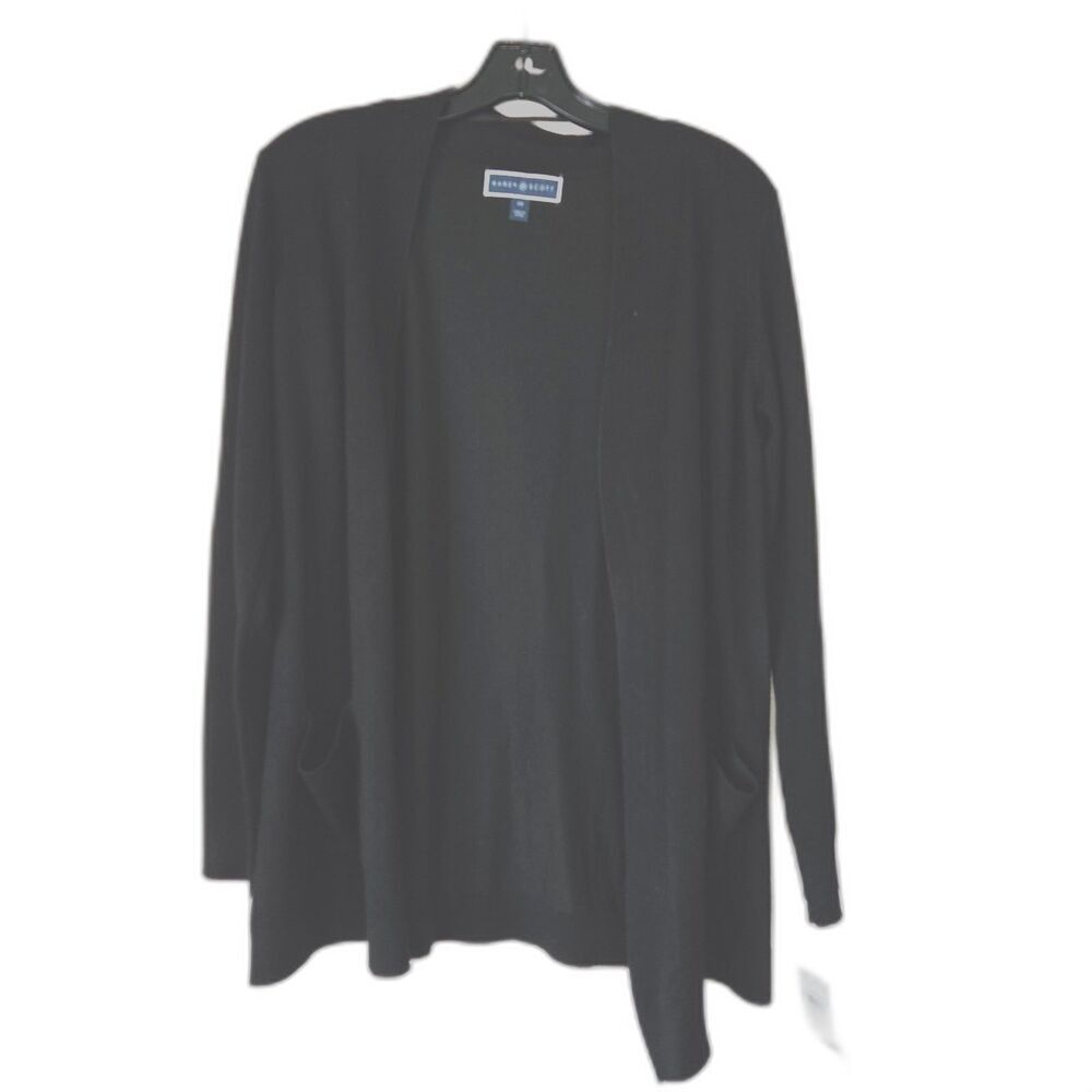 KAREN SCOTT Black Mature Tight Ribbed Cardigan Pockets Long XS NWT